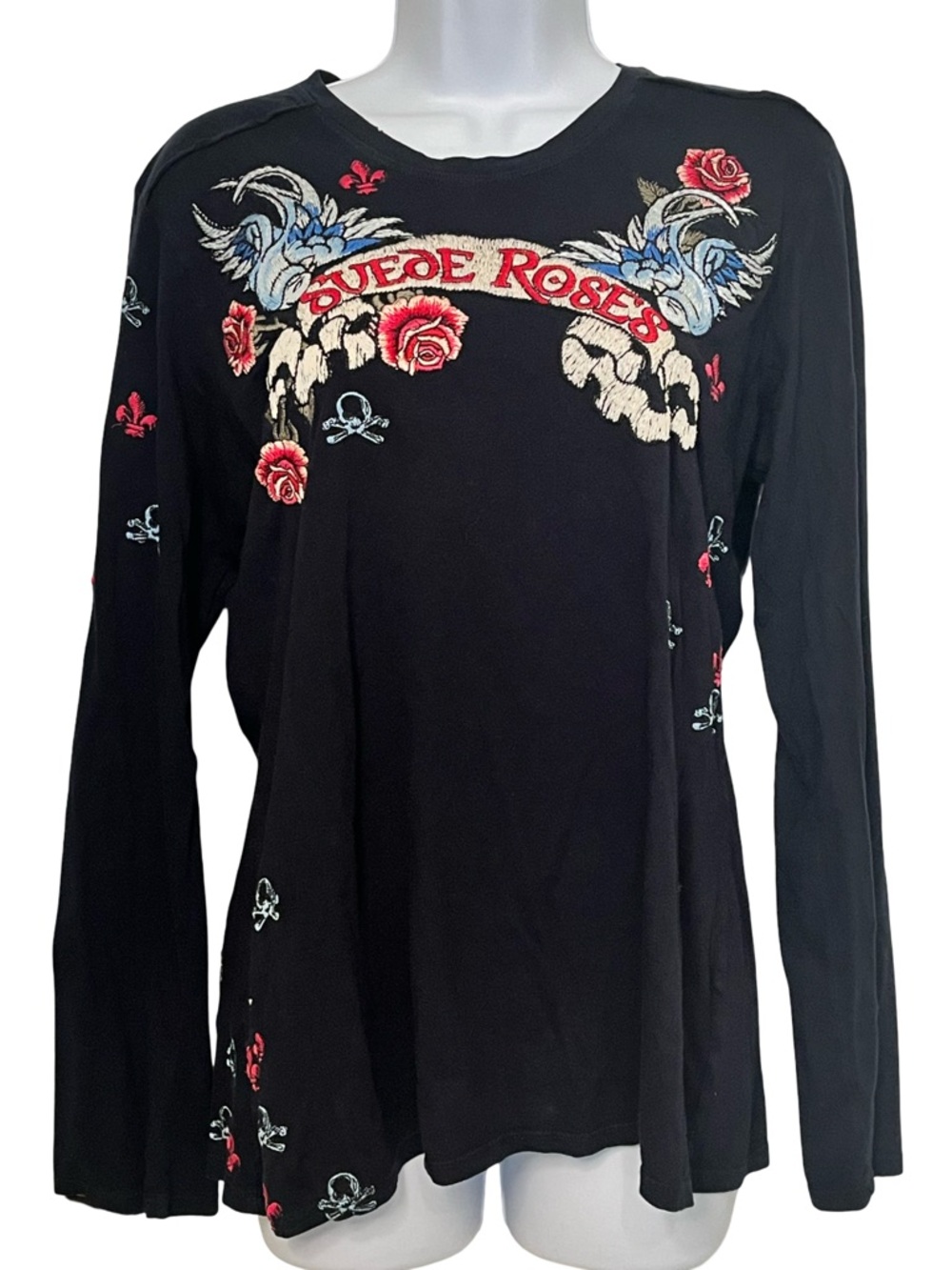 Black Embroidered Long-Sleeve Tee with Red Rose Motif